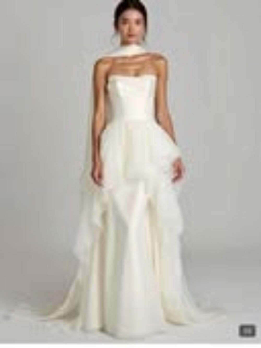 White strapless wedding dress organza and satin look with flowing scarf size 14
